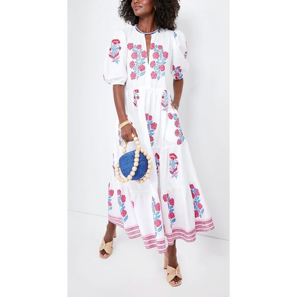 Oliphant Dresses & Skirts - OLIPHANT Tuckernuck Pink Blue Block Print Grandiflora Puff Sleeve Maxi Dress XL